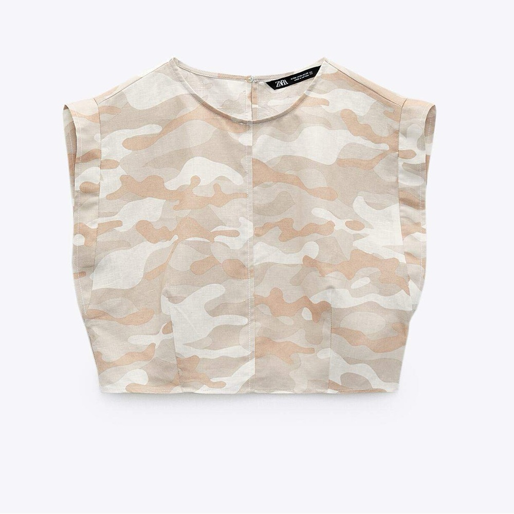 Zara Women’s Printed Blouse Cream & White Camo Patterned Crop Top (Light Camel)